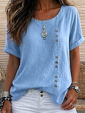 voordelige Overhemden-Dames 100% Katoen T-shirt Knop Effen Modieus Stijlvol Klassiek Korte mouw Strakke ronde hals Normale tops Dagelijks Uitgaan Weekend blauw Wit Geel Leger Groen Marineblauw Zomer Lente