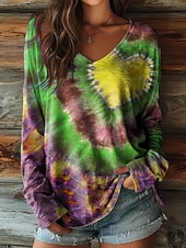 cheap Art&amp;Design tee-Women's T Shirt Print Heart Tie Dye Vintage Casual Boho Long Sleeve V Neck Regular Tops Daily Blue Yellow Red Purple Green Spring Fall