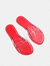 billiga Kvinnor-Färgglada gula strandtofflor för kvinnor - eleganta platta sandaler i genomskinlig PVC med H-remmar för tropiska semestrar och öresor &amp;sommarkläder vid poolen