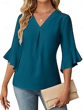 economico Bluse Eleganti-Per donna Camicia Blusa Top in chiffon Volant Semplice Elegante Classico Moderno Manica 3/4 Scollo a V Top Regolari Quotidiano Ferie Uscire Nero Bianco Verde Azzurro Estate Primavera