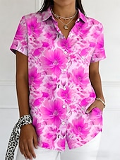 tanie Kwiatowe bluzki-Damskie Koszula Guziki Nadruk Kwiaty Graficzny Zabytkowe Elegancki Nowoczesny Krótki rękaw Kołnierzyk koszuli Zwykłe topy Codzienny Niebieski Czerwony Fioletowy Pomarańczowy Lato Wiosna