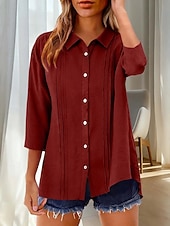 economico Camicie di Lusso-Per donna Camicia Blusa Camicia di cotone Arricciato Bottoni Tinta unica Elegante Classico Moderno Manica Lunga Colletto a Camicia Top Regolari Quotidiano Ferie Uscire Nero Bianco Giallo Rosa Vino