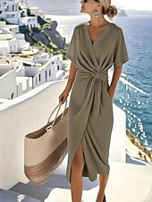 economico Vestito bianco-Per donna Abito Midi Vestito Estivo Vestito Casual Vacanza Casual Boho Spiaggia Feste Data Vestibilità regolare Semplice Manica Corta Scollo a V Blu Cachi Beige Estate Primavera