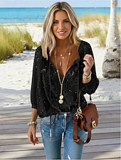 olcso Csipkés felsők-női bohém csipke blúz, v nyakú, hosszú ujjú, lezser, patchwork, egyszínű, fehér ing, tavaszi/nyári viseletre