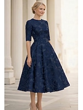 abordables Vestidos de cóctel-Corte A Vestido Midi Vestidos de coctel Elegante Vintage Lentejuelas Media Manga Cuello Barco Fiesta de jardin Boda Bolsillo Satén Jacquard con Estampado flor Bolsillo
