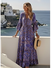 preiswerte Urlaubs Boho Kleid-Damen Maxikleid Boho-Kleid Freizeitkleid Schwingkleid A Linie Kleid Vintage Lässig Täglich Normale Passform Blumen Langarm V Ausschnitt Blau Rote Purpur Orange Sommer Frühling Herbst