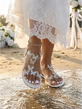 Χαμηλού Κόστους Νύφη-Γυναικεία λευκά νυφικά σανδάλια - κομψά νυφικά παπούτσια παραλίας με πεταλούδες από στρας