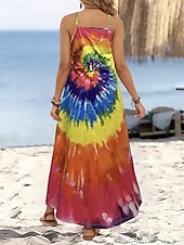 preiswerte Kunst &amp; Design Kleider-Damen Maxikleid Sommerkleid A Linie Kleid Unterkleid Urlaub Lässig Strand Ausgehen Normale Passform Ombre Grafik Batik Ärmellos V Ausschnitt Spaghettiträger Orange Sommer Frühling