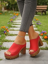cheap Slide Sandals-Women's Red Platform Block Heel Mule Sandals – Open Toe Slip-On Sandals with Chunky Sole for Summer Casual Wear, Vacation Travel and Garden Party