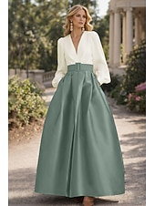cheap A-Line Evening Dresses-A-Line Floor Length Evening Gown High Split Mother Of The Bride Long Sleeve V Neck Formal Wedding Guest Belt / Sash Satin with Pleats Slit