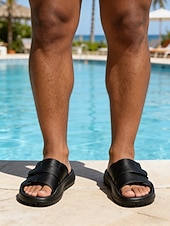 abordables Hommes-Men's Black Double Strap Slide Sandals Open-Toe Comfort Casual Slippers for Resort &amp; Poolside, Beach Vacation, Travel, Seaside Relaxing, Summer Daily Wear and Outdoor Leisure