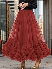 cheap Party Skirts-Women's Vacation Skirt Elegant Fashion Cute Casual Maxi Mid Rise Skirts Plain Elastic Waist Layered Mesh Micro-elastic Daily Vacation Apricot Black Pink Wine Summer