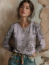 voordelige Boho t-shirt-Dames T-shirt Afdrukken Grafisch Planten Bohemen Vintage Casual Lange mouw Strakke ronde hals Normale tops Dagelijks Weekend Vakantiekleding blauw Zwart Blozend Roze Paars Oranje Zomer Lente Herfst