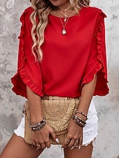 abordables Blusas Elegantes-Mujer Camisa Blusa Blusa con volantes Volante Plano Elegante Clásico Moderno Manga 3/4 Cuello Barco Tops regulares Diario Festivos Noche Negro Rojo Naranja Verde Trébol Albaricoque Verano Primavera