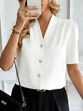 abordables Blusas Elegantes-Mujer Camisa Camisa con botones Camisa casual Botones Plano Elegante Clásico Moderno Manga Corta Escote en Pico Tops regulares Diario Festivos Noche Azul Piscina Negro Blanco Vino Albaricoque Verano
