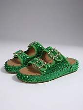 economico Infradito scivolosi-sandali da donna con fibbia in paillettes verdi, eleganti sandali casual con plateau slip-on per feste in giardino, viaggi &amp;abbigliamento estivo quotidiano