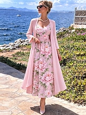 abordables Art &amp; Design Robe-Femmes Robe Ensemble Robe trapèze Élégant Vacances Fleuri Graphique Superposé Imprimé Robe Midi Manche 3/4 Col en V Quotidien Vacances Bleu Vert Claire Rose Claire Été Printemps Coupe régulière