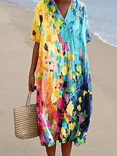  Women's Midi Dress Shift Dress Vacation Casual Beach Daily Going out Loose Fit Graphic Geometric Short Sleeve V Neck Yellow Red Purple Green Summer Spring