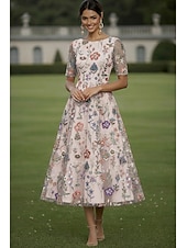 billige Ankellengde-A-linje Kjoler Te-lengde Cocktail Kjole Gjestekjole til bryllup Kjole til brudens mor Halvlange ermer Crew-hals Elegant Fritid Formell Bryllupsgjest Kentucky Derby Chiffon Tyll med Blomstertrykk