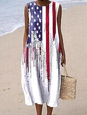  día de la independencia americana Mujer Vestido Midi Vestido de cambio Vestido de verano Vacaciones Fiesta Casual Diario Ajuste regular Holgado Bandera Sin Mangas Cuello Barco Azul Piscina Blanco