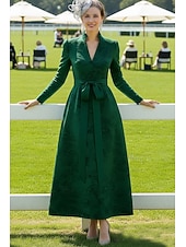 baratos Comprimento do tornozelo-Linha A Até o Tornozelo Vestido de Derby Vestido Para Mãe dos Noivos Manga Longa Decote V Elegante Vintage Kentucky Derby Jacquard com Faixa / Fita Laço(s)