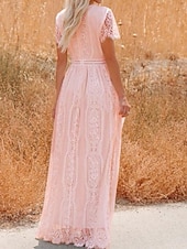 cheap White Lace Dresses-Women's Maxi Dress White Lace Dress Elegant Fashion Modern Outdoor Vacation Going out Regular Fit Plain Short Sleeve V Neck White Summer Spring