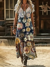 economico Abito Boho Etnico-Per donna Abito maxi Abito Boho Vestito Casual Abito a trapezio Abito Stampato Vintage All'aperto Vacanza Weekend Vestibilità regolare Floreale Grafico Manica Corta Scollo a V Blu marino Viola Verde