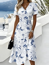 baratos Vestidos de Férias-Mulheres Vestido midi Vestido casual Vestido Swing Vestido A Line Vestido floral Vintage Moda Moderno Ao ar livre Férias Para Noite Normal Floral Manga Curta Decote V Azul Preto Verão Primavera