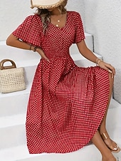 ieftine Rochii florale-Pentru femei Rochii Midi Rochie casual Rochie imprimata Elegant Modă Modern În aer liber Vacanță Ieșire Fit regulat Buline Manșon scurt În V Albastru piscină Negru Galben Roz Îmbujorat Vară Primăvară