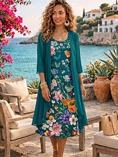 abordables Vestido Floral-Mujer Conjunto de vestido Vestido de una línea Elegante Vacaciones Floral Graphic Multi capa Estampado Vestido Midi Media Manga Cuello Barco Diario Azul Piscina Vino Verde Trébol Verano Primavera