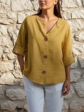 economico Camicie-Per donna Camicia Camicie di cotone e lino Blusa Bottoni Semplice Elegante Mezza Manica Scollo a V Top Regolari Quotidiano Ferie Uscire Nero Bianco Giallo Blu marino Arancione Estate Primavera