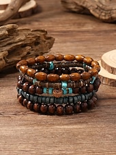 olcso Nyaralási kiegészítők-Férfi bohém, egymásra rakható fagyöngyös karkötő szett, többrétegű törzsi etikai csuklópánt türkiz díszítéssel, kézzel készített tengerparti nyaraláshoz és mindennapi használatra szánt ékszer férfiaknak