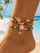 cheap Vacation Accessories-Women's Boho Elastic Beaded Anklet Set, Alloy Beads, Stretchable, Multi-Color, Trendy Summer Foot Jewelry, Perfect for Vacation, Travel and Daily Casual Wear