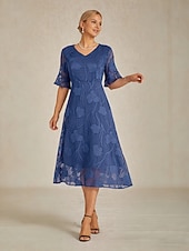  Pentru femei Rochii Midi Rochie A line Gril pe Kamado Casual Cu Mâneci Largi Invitat la nunta Petrecere cu cocktail Fit regulat Culoare solidă Floral Simplu Manșon scurt În V Wedgewood Vară Primăvară