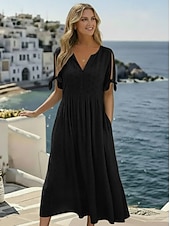 tanie Białe koronkowe sukienki-Damskie Sukienka midi Biała sukienka Sukienka A line Plisowana sukienka Zwykła sukienka Elegancja Moda Nowoczesny Codzienny Na zewnątrz Plaża Luźna Równina Krótki rękaw W serek Niebieski Czarny Biały