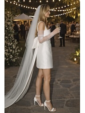 cheap Little White Dresses-Sheath Column Short Mini Wedding Dresses Bridal Shower Dresses Bridal Gown Simple Little White Dresses Spaghetti Strap Spaghetti Strap Graduation Birthday Satin with Sash / Ribbon Pleats