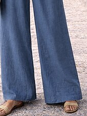 preiswerte Unterteile-Damen Kunstbaumwollleinen Weites Bein Chinos Sommerhose Urlaub Basic Lässig Volle Länge Hohe Taille Einfach Tasche Elastischer Bund Bequem Weich Mikroelastisch Täglich Outdoor Straße Navy-Blau Sommer