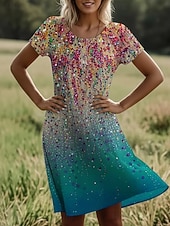 halpa Boho-mekot-Naisten Polvipituinen mekko Boho-mekko Rento mekko Tpaitamekko Vintage Päivittäin ulko- Loma Normaali Ombre Kuvitettu Lyhythihainen Tiukka pyöreä kaula-aukko Sininen Purppura Apila Kesä Kevät