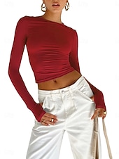 economico T-shirt semplice-Per donna Maglietta Top Lungo in Cotone Tinta unica Moda Classico Casual Manica Lunga Girocollo Top corti Quotidiano Uscire Weekend Bianco Rosa Rosso Rosso rosa Primavera Autunno