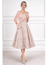 preiswerte Mamas Kleidersets-A-Linie Tee-Länge Kleid für Hochzeitsgäste Brautmutterkleid Ärmellos Trägerlos Elegant Einfach Minimalistisch Formell Cocktailparty Semi-Formal Jacquard Mit Schal mit Falten