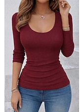 cheap Plain tee-Women's T Shirt Tee Solid Color Elegant Stylish Casual Long Sleeve U Neck Regular Tops Daily Going out Maroon Black White Red Rose Pink Summer Spring