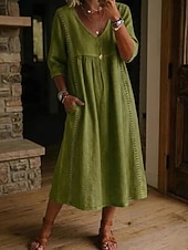  Femmes Robe Midi Robes effet lin Robe d'Été Robe trapèze Robe d'été Vacances Fête Basique Quotidien Bureau Plage Coupe Ample Uni Demi Manches Col en V Bleu Ciel Noir Olive verte Jaune Été Printemps