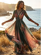 voordelige Boho Dress-Women's Long Dress Maxi Dress Casual Dress Swing Dress Floral Dress Summer Dress Boho Dress Vintage Vacation Daily Holiday Regular Fit Floral Long Sleeve V Neck Blue Summer