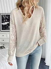 economico T-shirt semplice-Per donna Maglietta Waffle Maglietta Blusa Top in pizzo Pizzo Semplice Elegante Essenziale Classico Manica Lunga Scollo a V Top Regolari Quotidiano Ferie Uscire Albicocca Estate Primavera
