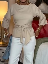 voordelige Effen Blouses-Dames Blouse strik voorkant Effen Kleur Stijlvol Casual Lange mouw Boothals Normale tops Dagelijks blauw Zwart Oranje Licht Blauw Lente Herfst