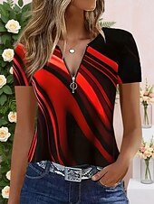 Недорогие Полосатая и геометрическая футболка-Жен. Футболка Цветовые блоки Четверть молния Графика Геометрический принт Абстракция тропический Гавайский Стиль С короткими рукавами Вырез под горло Обычные топы Свадьба на пляже Повседневные Спорт