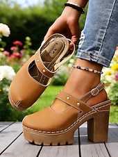 cheap Mary Jane Pumps-Women's Chunky Mary Jane Heels – Brown Platform High Heels with Adjustable Strap for Casual Wear, Office &amp; Garden Party Shoes