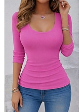 cheap Plain tee-Women's T Shirt Tee Solid Color Elegant Stylish Casual Long Sleeve U Neck Regular Tops Daily Going out Maroon Black White Red Rose Pink Summer Spring