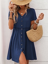 baratos Vestido branco-Mulheres Minivestido vestido de praia Vestido casual Elegante Moda Moderno Ao ar livre Férias Para Noite Normal Tecido Manga Curta Decote V Preto Vinho Azul Marinha Verde Verão Primavera