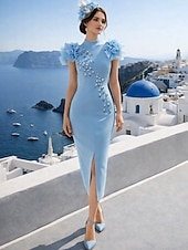 cheap Cocktail Dresses-Sheath Column Ankle Length Cocktail Dresses Party Dresses Elegant Sleeveless High Neck Formal WorkWear Stretch Fabric with Slit Appliques